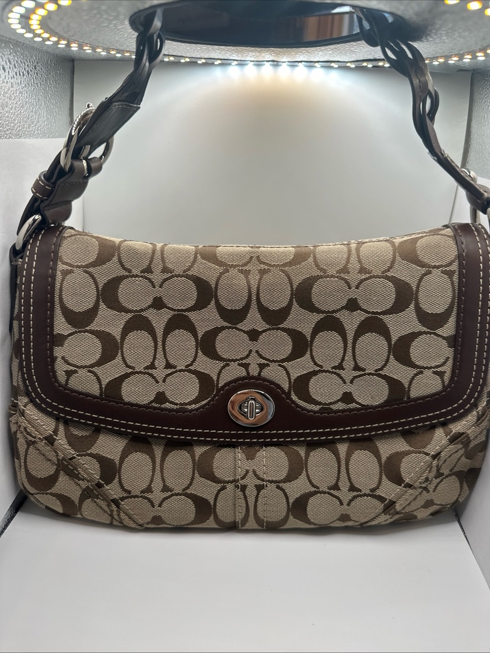 Coach Beige and Brown Signature Canvas Shoulder Bag